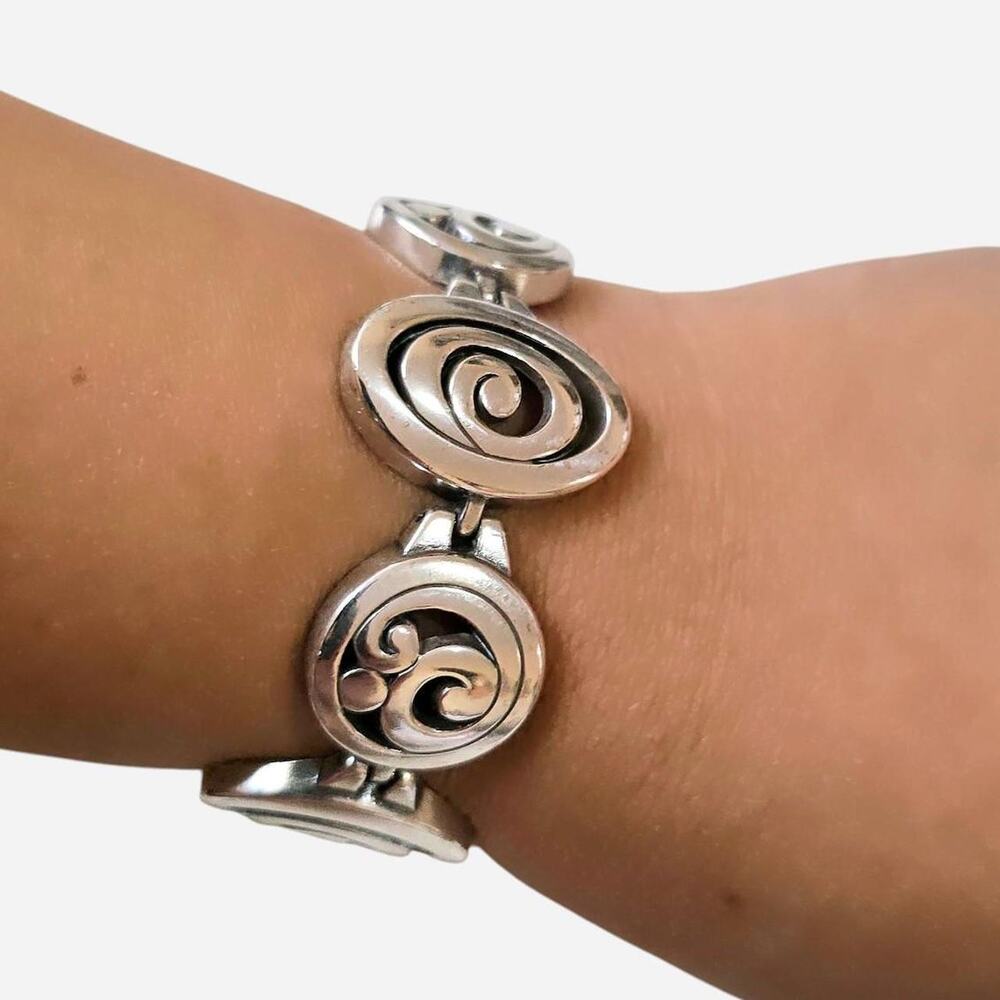 Vintage Brighton Retired Silvertone Spiral Scroll Panel Bracelet
